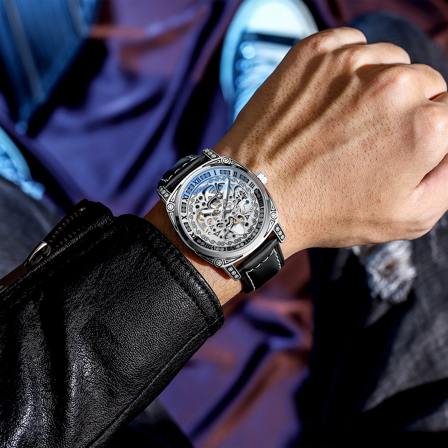 Dress: Vintage Engraved Mechanical Watch Men's Leather Waterproof Hollow-Out Fashion Style Men's Watch