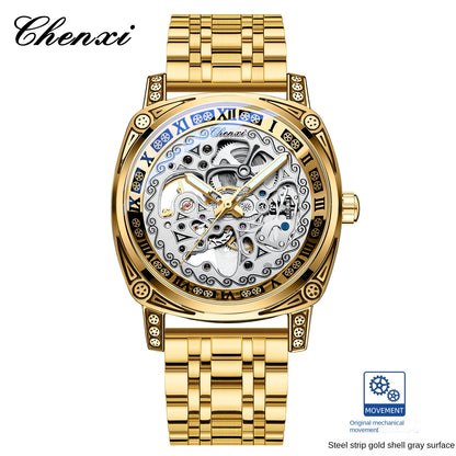 Dress: Vintage Engraved Mechanical Watch Men's Leather Waterproof Hollow-Out Fashion Style Men's Watch