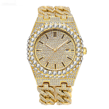 Men's Hip Hop Iced Diamond Fashion Cuban Link Chain Quartz Clock
